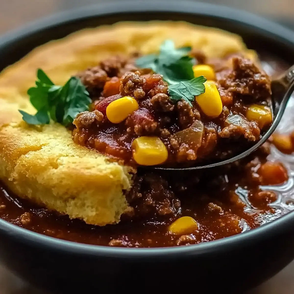 Texas Style Chili with Cornbread Crust
