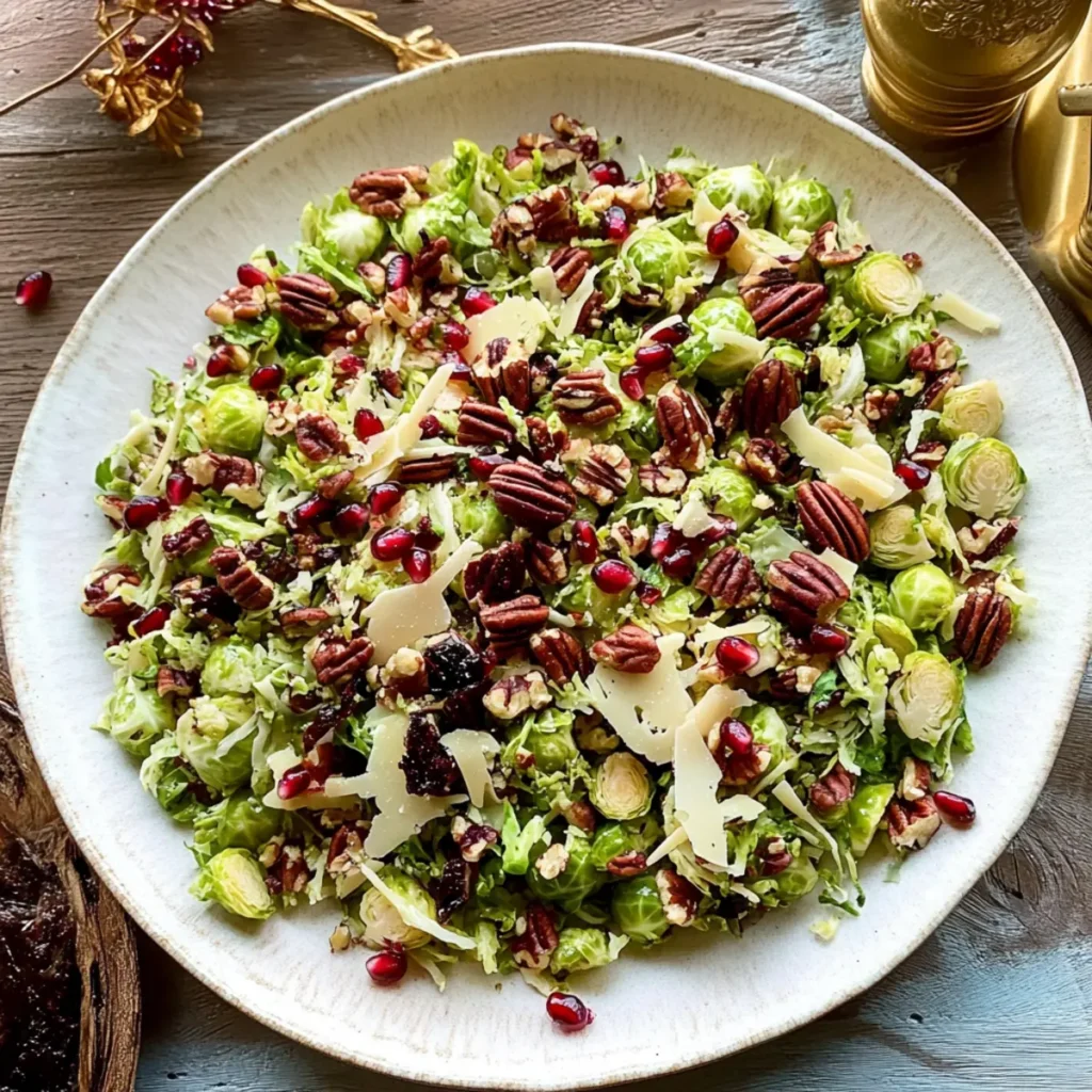 Shaved Brussels Sprout Salad with Pomegranate and Candied Pecans