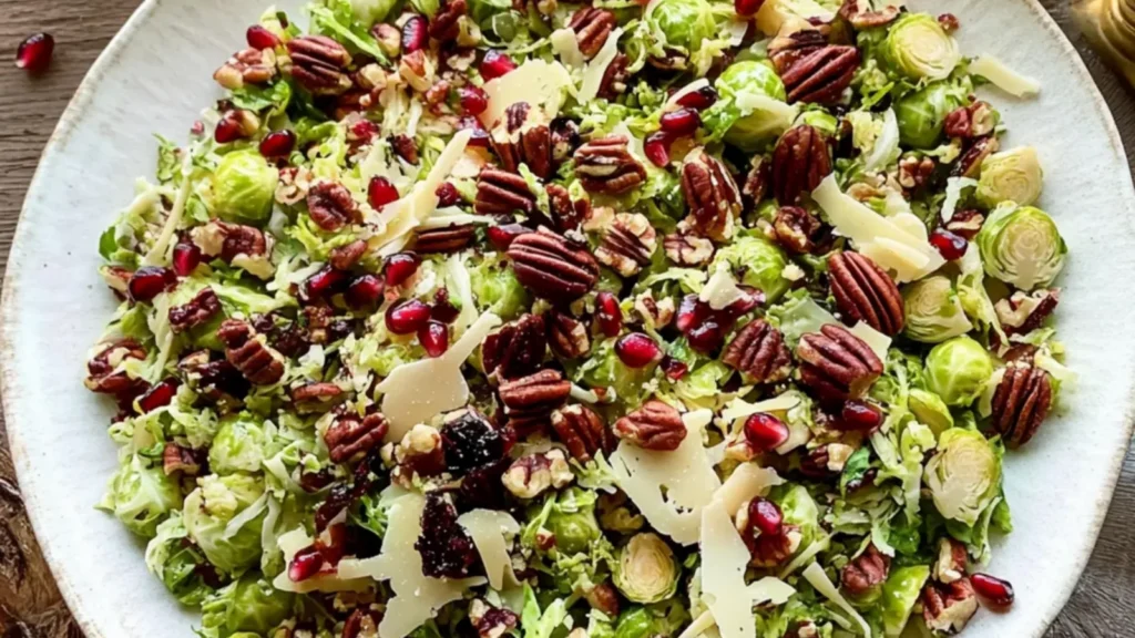 Shaved Brussels Sprout Salad with Pomegranate and Candied Pecans