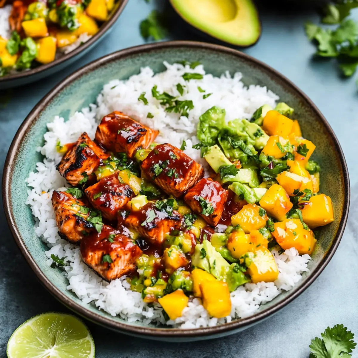 BBQ Salmon Bowls with Mango Avocado Salsa