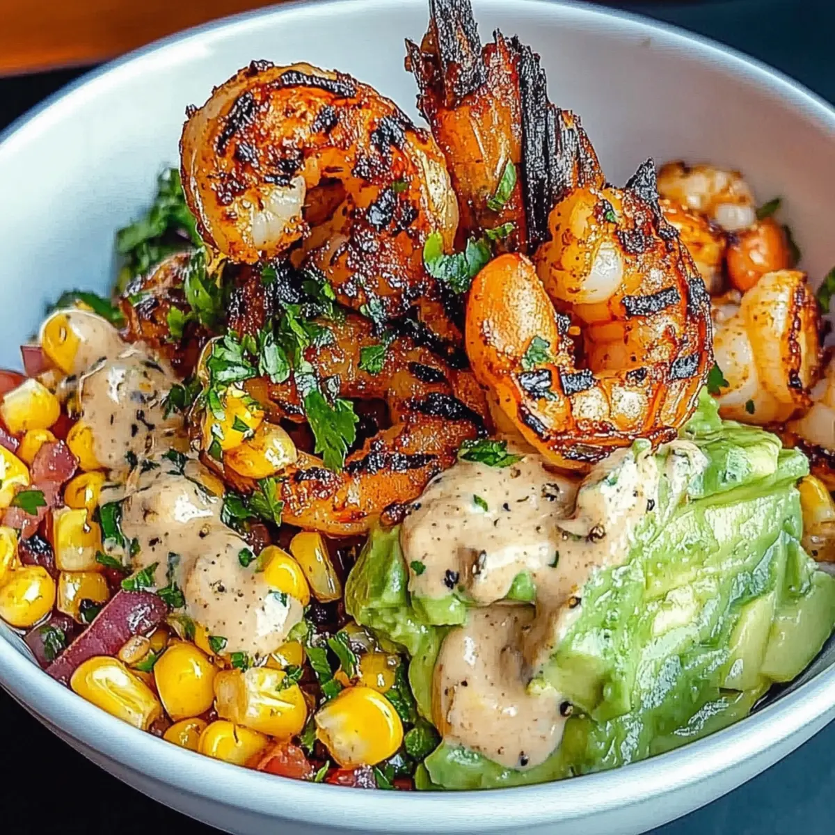 Grilled Shrimp Bowl with Avocado Corn Salsa & Creamy Sauce