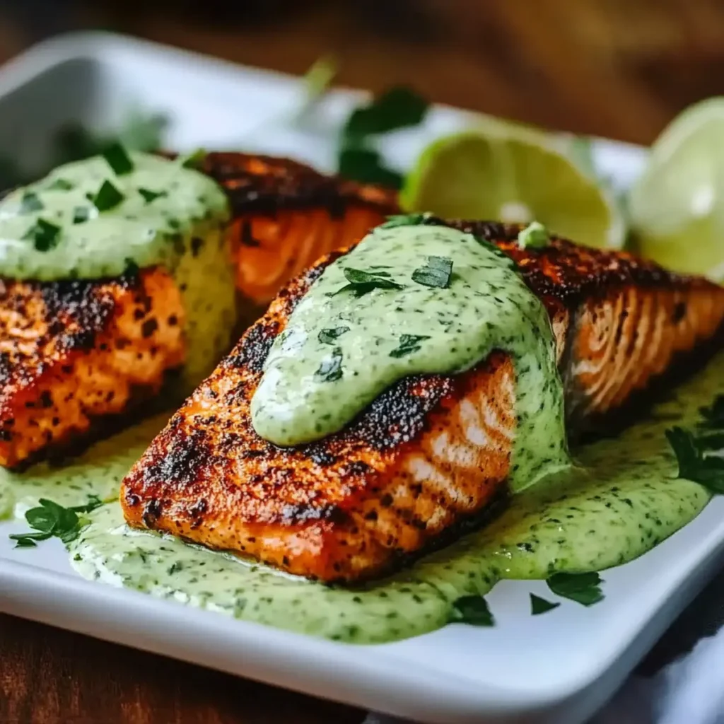 Baked Cajun Salmon with Creamy Avocado Lime Sauce